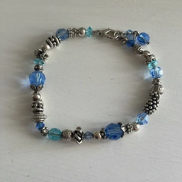 Sterling Silver Blue Crystal Beaded Bracelet Artisan Style - Picture 2 of 5